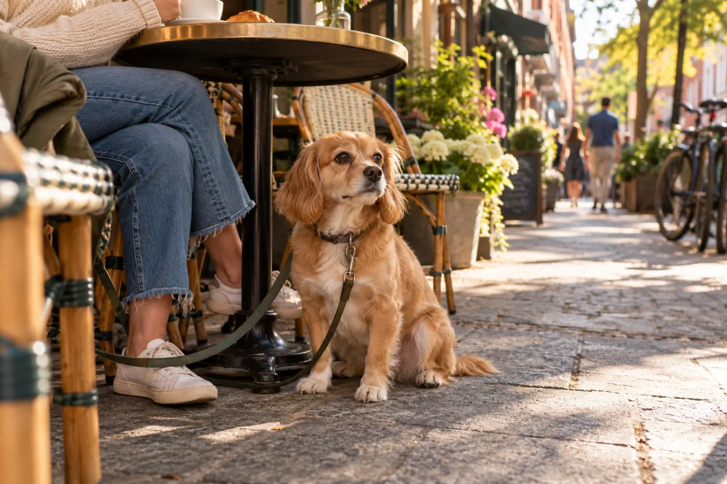 Calm small dog beside owner at an outdoor city cafe