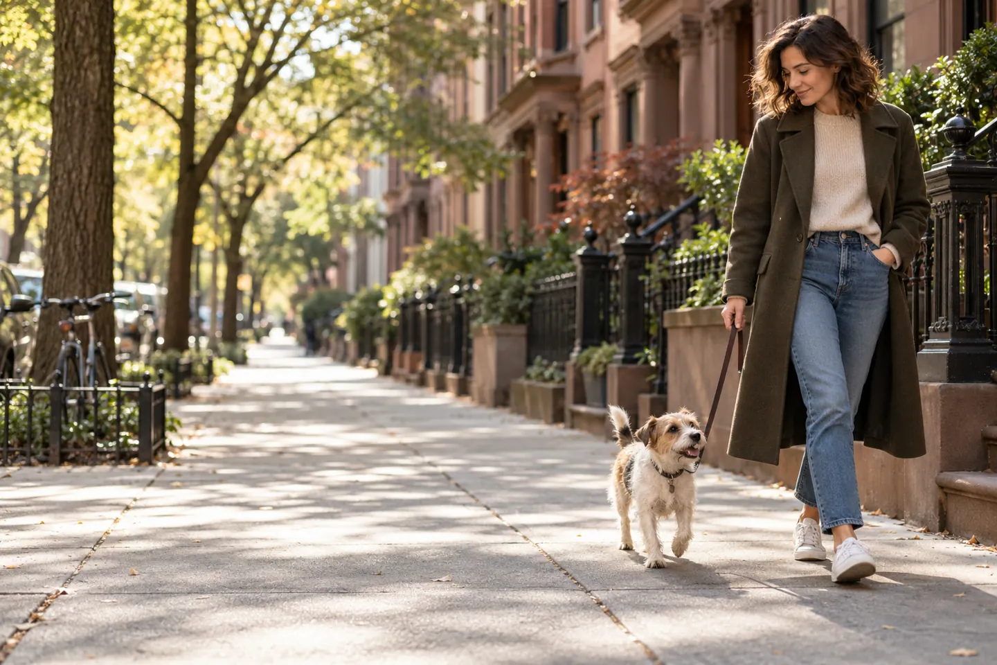 Small dog and owner walking along a tree-lined city street