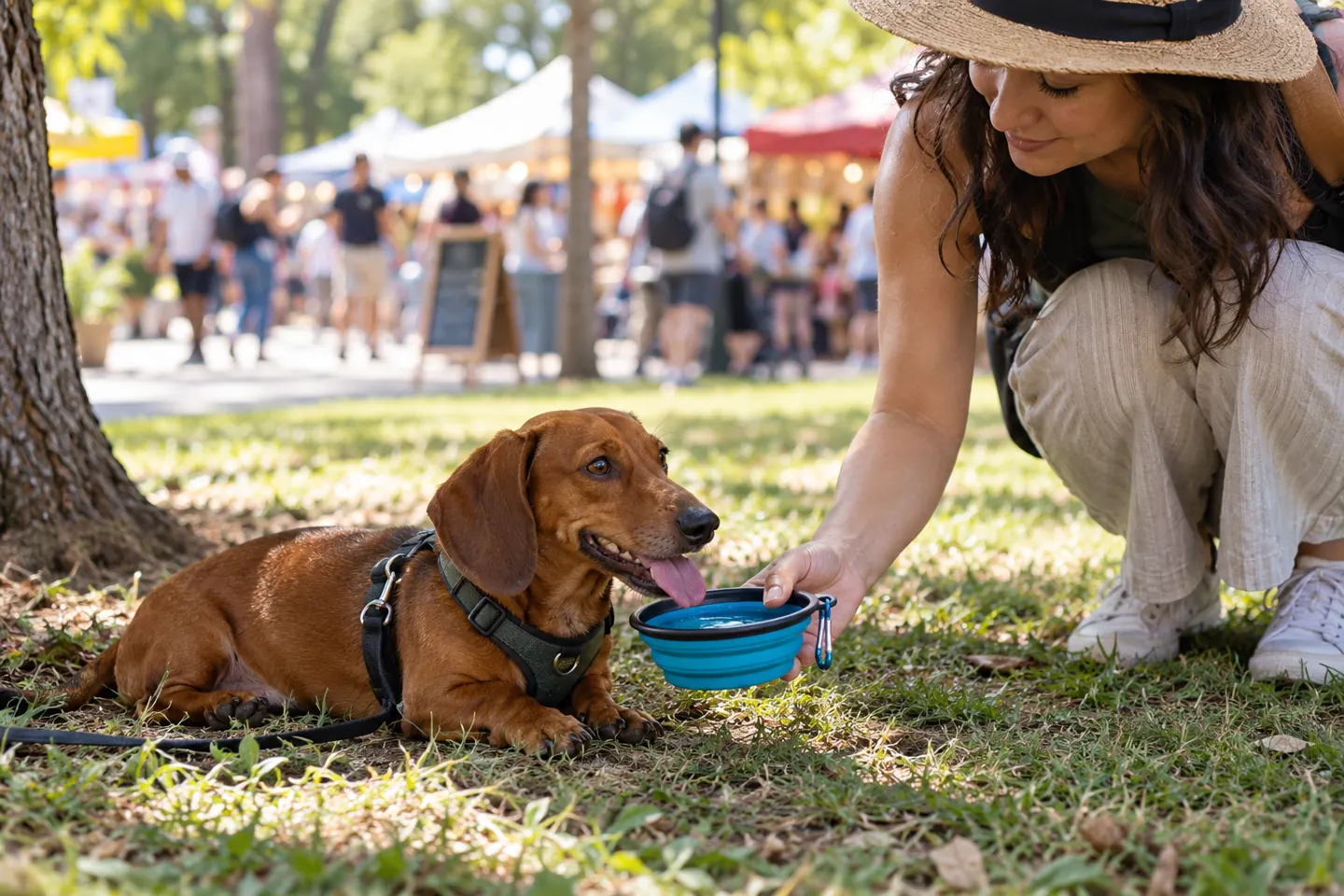 Dog drinking water at the edge of an outdoor festival