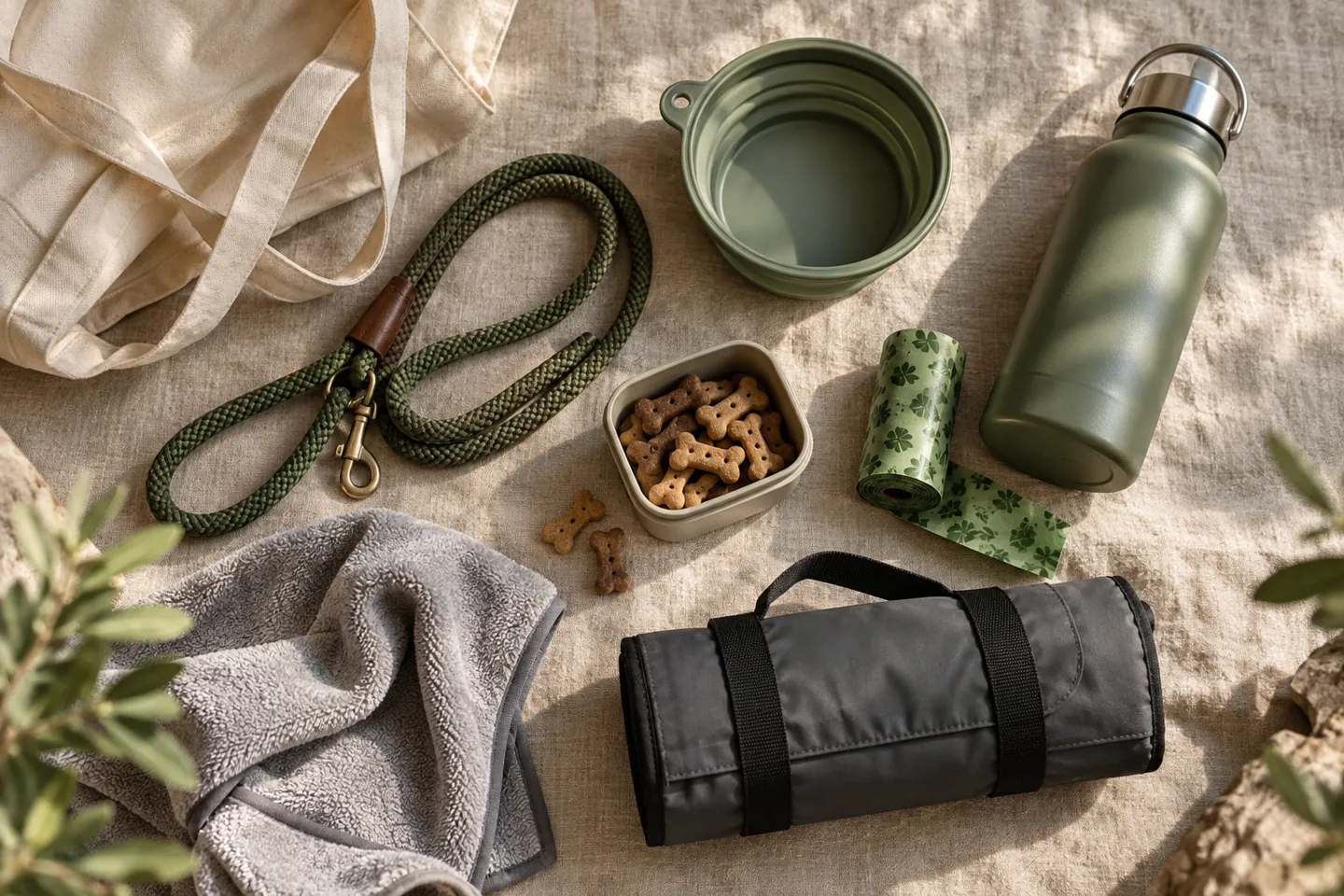 Leash bowl water bottle towel treats and mat laid out for a dog outing