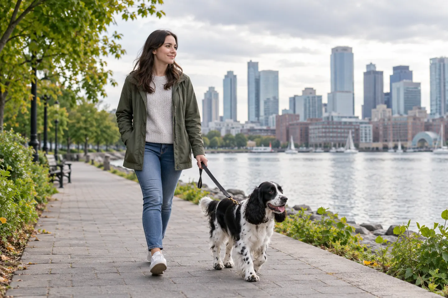 Dog and owner walking beside an urban waterfront